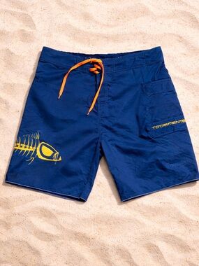 Tormenter Fishing Board Shorts Size 40 Blue Fish Skeleton Graphic Swim Trunks